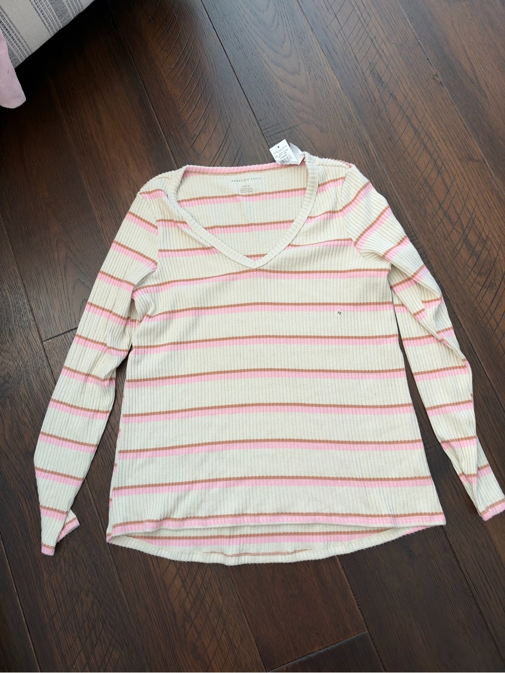 American Eagle Pink & Cream Striped Long Sleeve Top